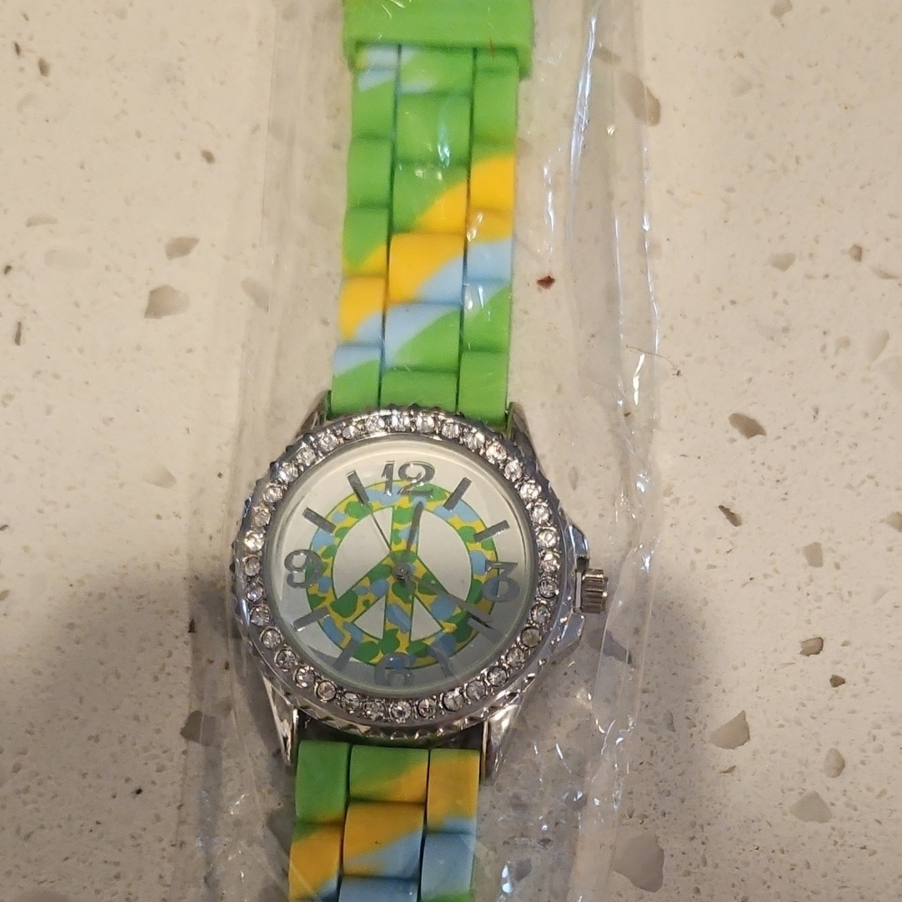 Geneva Green and Yellow Peace Sign Watch